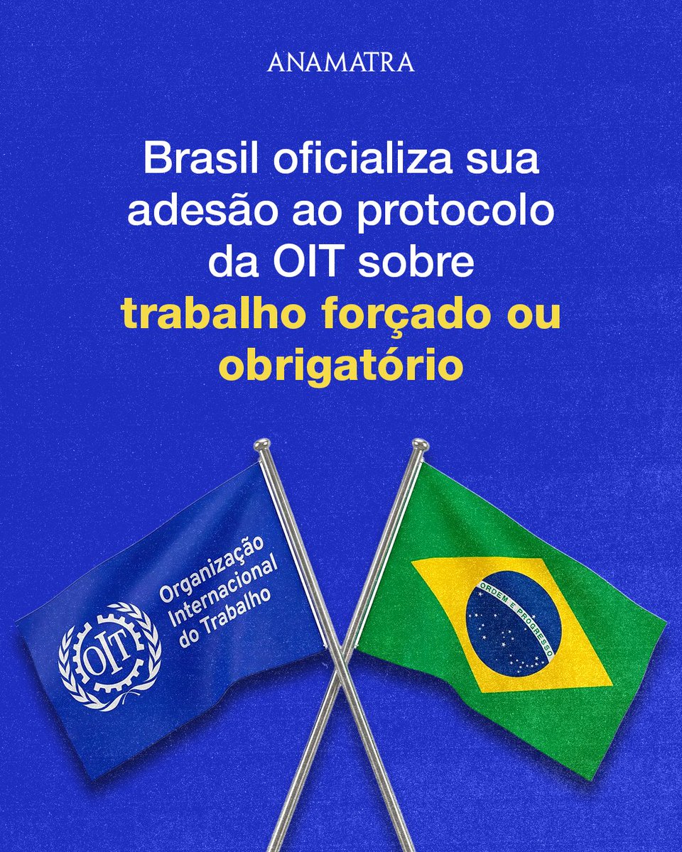 Anamatra's tweet image. O Decreto 12.857/2026 promulgou o Protocolo de 2014 relativo à Convenção 29 da #OIT sobre o Trabalho Forçado ou Obrigatório. Dessa forma, o Brasil oficializou sua adesão a um dos principais instrumentos internacionais de enfrentamento ao trabalho forçado 🙌🏽
