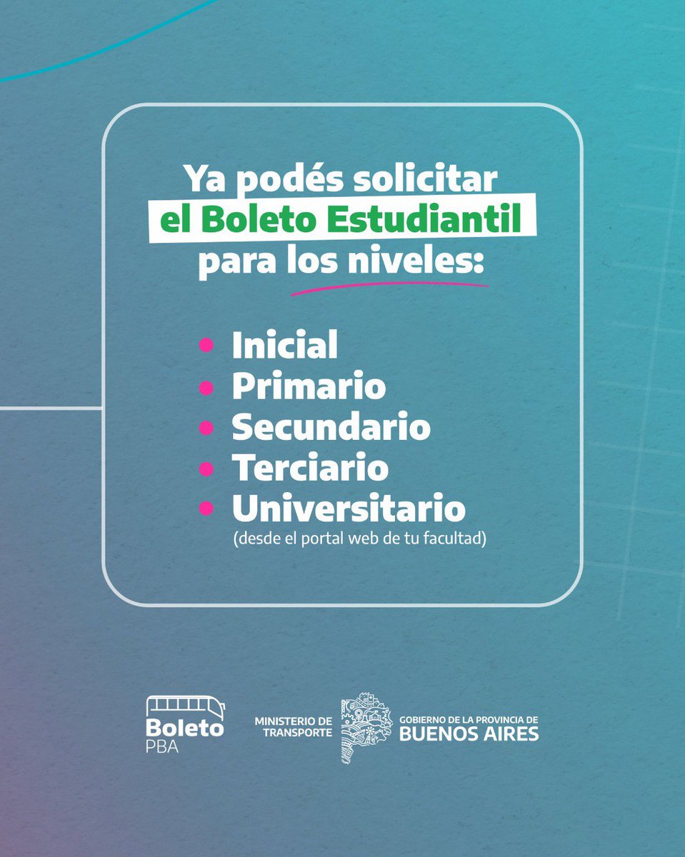 BAProvincia's tweet photo. ¡Ya está abierta la inscripción para el Boleto Estudiantil en todos los niveles! 😎🎫

De Nivel Inicial a Terciario lo podés gestionar acá 👇
https://t.co/3CyEq1dSRy

Y si sos universitario, desde el portal de tu facultad 😉 https://t.co/Ni8OglhBwm
