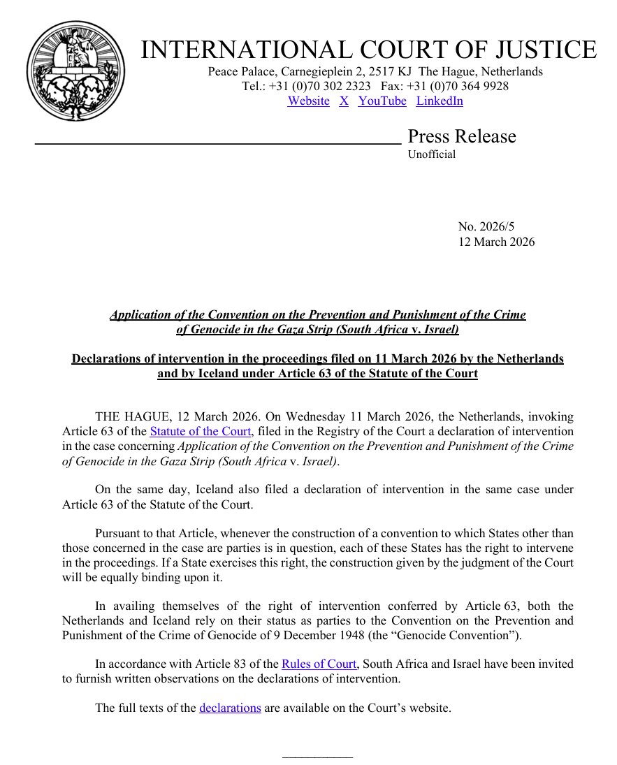 BREAKING: The Netherlands and Iceland have joined South Africa’s genocide case against Israel at the ICJ. Their filing argues that forced displacement, starvation, withholding aid, and acts targeting children may amount to genocidal acts and demonstrate genocidal intent.