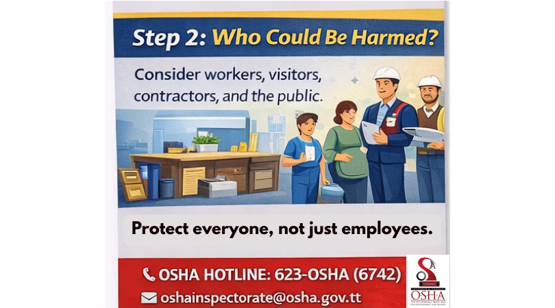 TT_OSHA's tweet image. In the second step to a risk assessment all stakeholders must be considered, especially vulnerable groups.

Look out for Step 3 next week!

📞 OSHA HOTLINE: 623-OSHA (6742)
📧 oshainspectorate@osha.gov.tt
🌐 osha.gov.tt
#WorkerProtection #InclusiveSafety