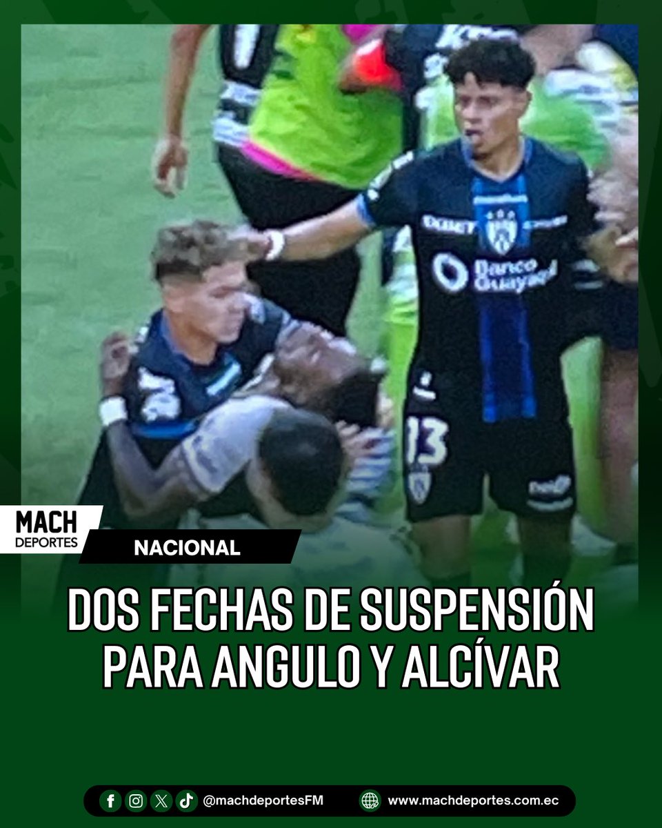 MachdeportesFM's tweet photo. La Comisión Disciplinaria sancionó con dos fechas de suspensión a Cristopher Angulo, de Mushuc Runa, y a Jordy Alcívar, de Independiente del Valle, tras los incidentes registrados en el último enfrentamiento entre ambos equipos. ❌

Los dos futbolistas fueron castigados por conducta violenta contra un adversario durante el compromiso, por lo que deberán cumplir su sanción en las próximas jornadas del campeonato. 🇪🇨🏆

🤳#LaDinastíaContinúa