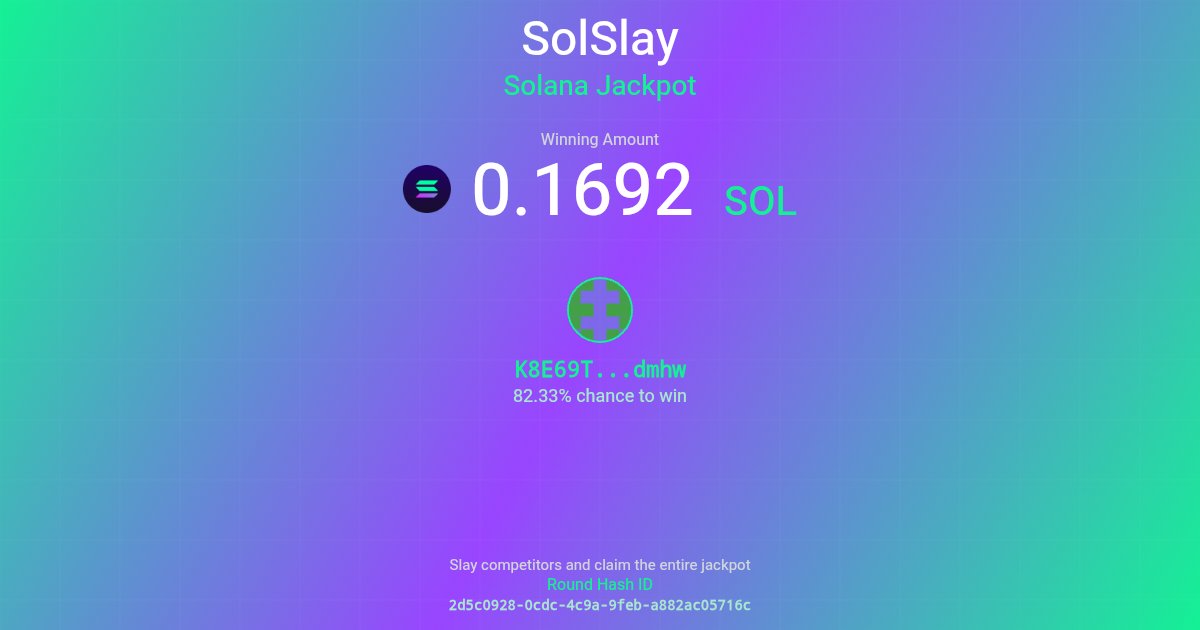 🟢 Last Solana Jackpot Winner 

🎁 Winning Amount: 0.1692 $SOL
🎯 Winning Chance: 82.33%
🔁 Round: 2d5c092...716c
🏆 Winner: K8E69T...dmhw

👏 Well played! 

🍀 Wishing the best of luck to all the slayers in the upcoming rounds. 
🌟 May the next jackpot be yours!