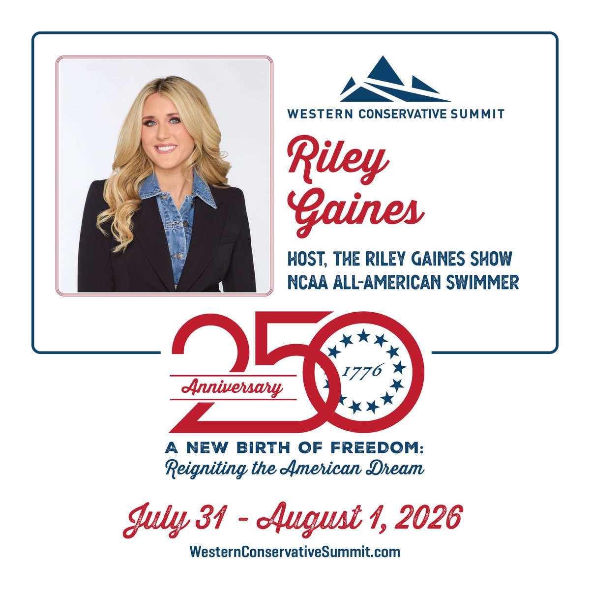 WesternCoSummit's tweet photo. SPEAKER ANNOUNCEMENT

@Riley_Gaines_, Host of The Riley Gaines Show on @FoxNews,  will deliver a keynote address at the 2026 Western Conservative Summit. #WCS26

Early-bird tickets on sale now: https://t.co/z4Diyb6xuR

@my_ccu @CCU_CAGS @erichogue https://t.co/3311qgrzqj