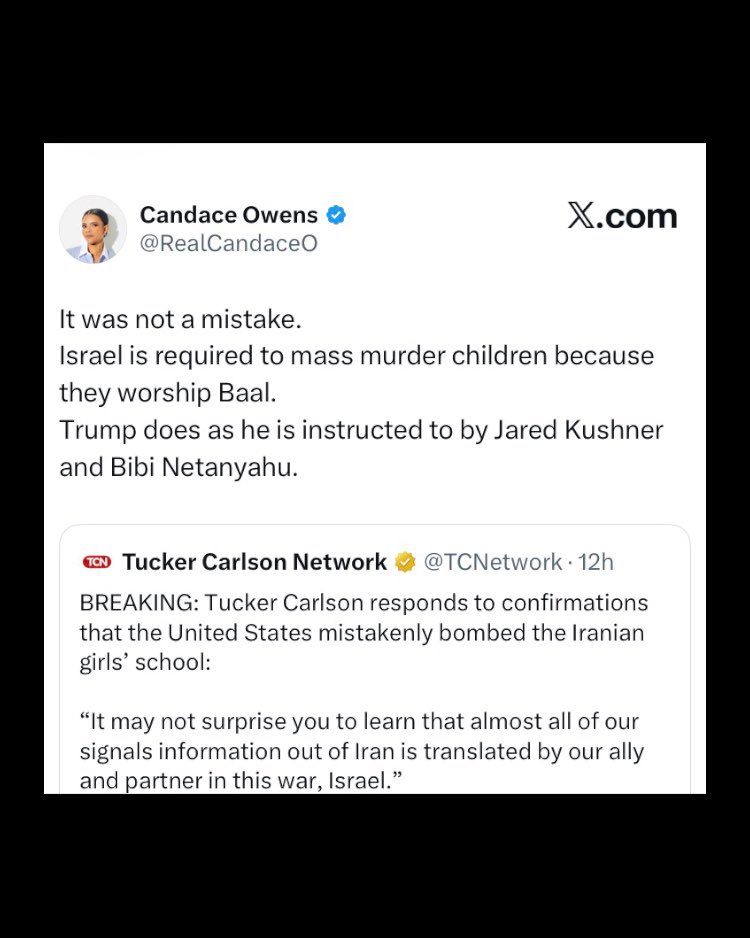 yashar's tweet photo. A reminder that Candace Owens’ podcast is almost always in the top ten “news” podcasts on Apple Podcasts, alongside The New York Times’ The Daily, and each episode of her show surpasses 1 million views on YouTube alone.

Her channel, which has nearly six million subscribers, averages more than 60 million views per month.

This does not include the many other ways her content is consumed by her incredibly loyal and dedicated fan base.

The Hebrew Bible repeatedly condemns the worship of Baal. Baal worship is portrayed as something the prophets opposed, not something Judaism endorses.

Ancient antisemitism may seem ridiculous to people who see it as nonsensical, but please do not dismiss this as something only some basement dwellers believe.

This form of Jew hatred is the most radicalizing and the most dangerous.