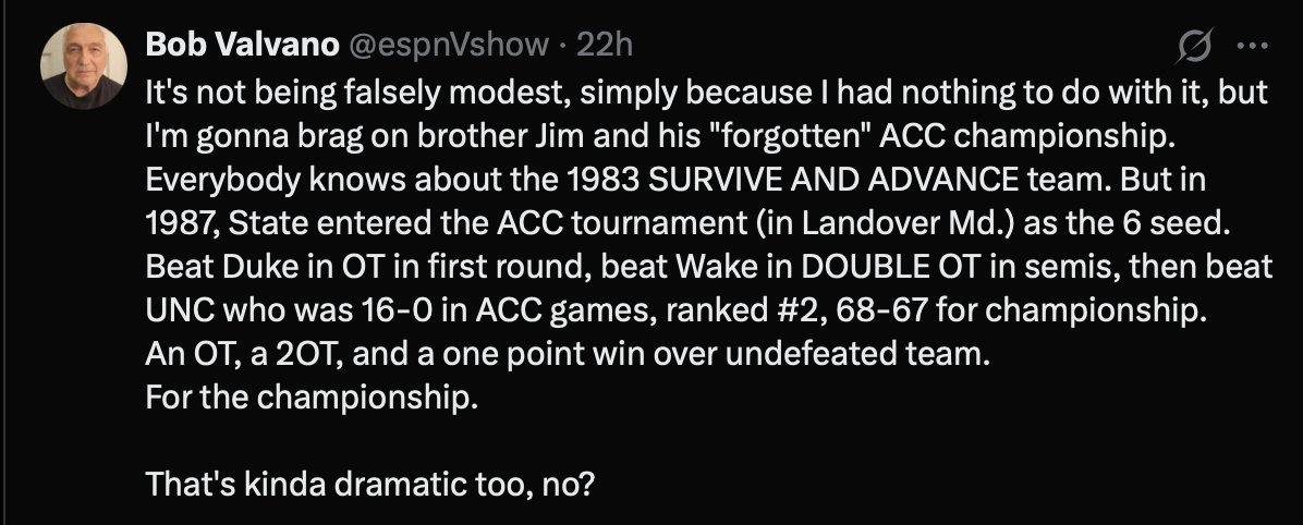 MatthewSink's tweet photo. @LeeFouler I wouldn't say I'm "optimistic," but anything can happen in March. Case in point - 1987. UNC was 16-0 in conference play and had crushed us twice, but for that one game, everything changed. Who knows? Maybe we write a new story today. https://t.co/oqsMsm5bIu