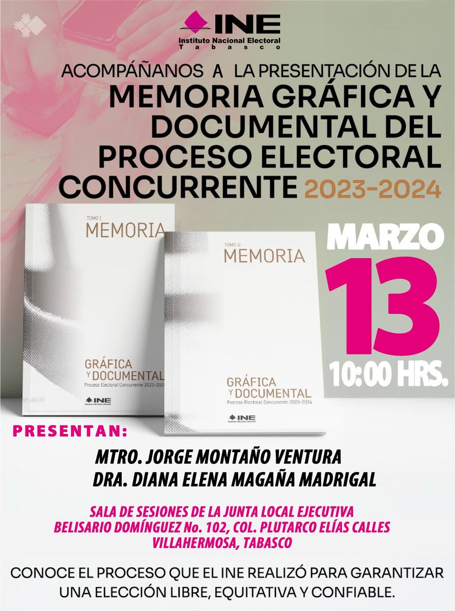 Montano_Ventura's tweet photo. 🗳️✨ Detrás de una elección libre y equitativa hay un gran trabajo institucional.

Conoce cómo se construyó el proceso electoral federal concurrente 2023-2024 a través de la Memoria Gráfica y Documental.

📜 Te esperamos para descubrir este testimonio histórico.

📅 Viernes 13 de marzo
🕙 10:00 AM
📍 Belisario Domínguez 102, col. Plutarco Elías Calles, velódromo Ciudad Deportiva, Villahermosa, Tabasco.

¡Tu participación es importante! 🙌

@INE_Tabasco
#ProcesoElectoral #Villahermosa #INE #Transparencia