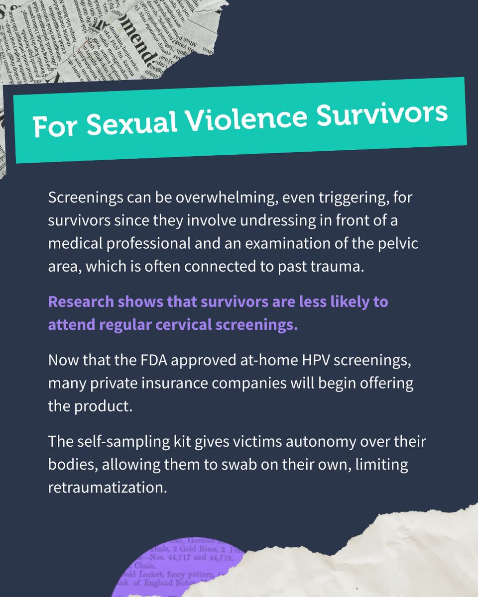 SVPAOfficial's tweet photo. Earlier this year, the FDA approved at-home HPV Screenings. This is a big step for survivors, as screenings can lead to retraumatization. Keep an eye out for this service from your insurance provider!
#SVPA #SexualViolencePrevention #Survivors #HPV #PapSmearTest #CervicalCancer https://t.co/q4A0bupux3
