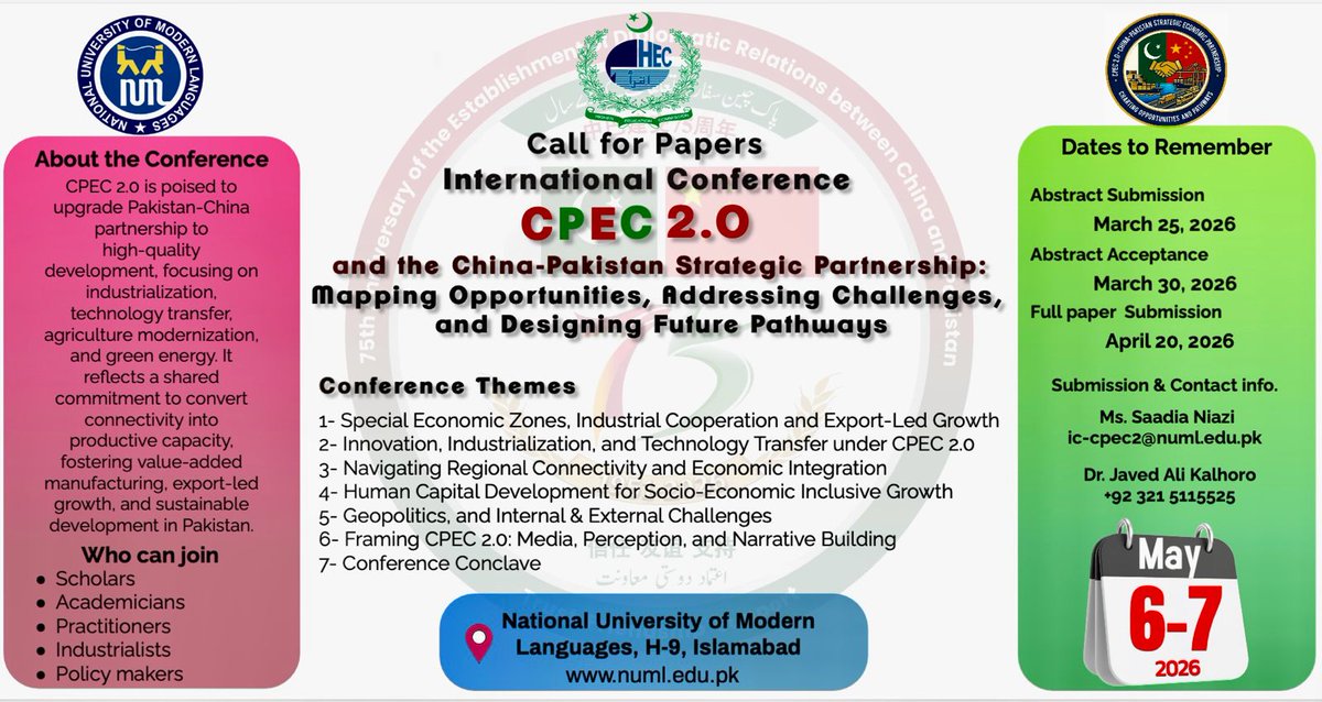 *Call for Papers* 
The Faculty of Social Sciences at NUML, Islamabad, is pleased to announce an International Conference and invites scholars, researchers, faculty members and practitioners to submit their papers.