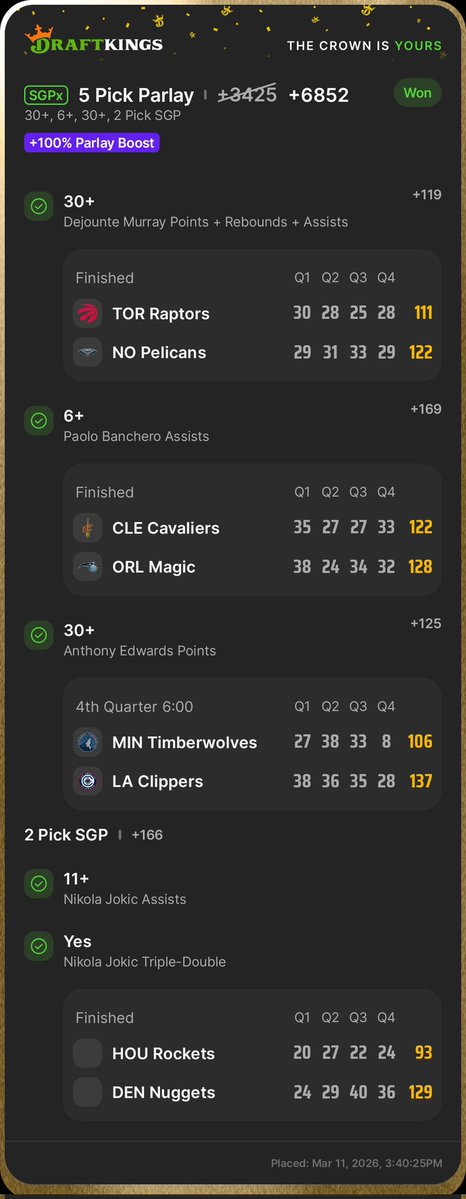 🔥 Parlay Cashed

Picking $75 winner shortly!