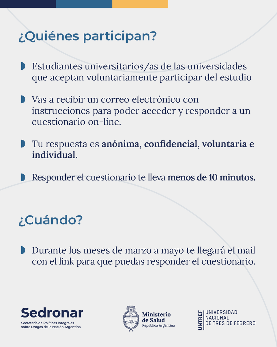 UNTREF's tweet photo. 📊 Se puso en marcha el Estudio sobre Consumos y Prácticas de Cuidado 2026 en Universidades de todo el país.
Si sos estudiante de la #UNTREF, vas a recibir un link en tu mail para completar la encuesta. ¡Tu voz es fundamental para fortalecer las políticas de prevención! 🧵👇 https://t.co/0bx1tgV2Ba