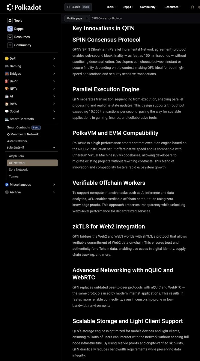 One of OG projects - Polkadot recognized QF Network on their site.👀

This space seriously lacks new innovation.

That's why QF could get more eyes soon, with innovations like:

-> SPIN Consensus
-> zkTLS for Web2
-> PolkaVM <> EVM compatibility

and more.👇

Keep an eye on