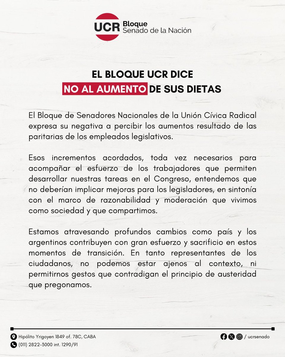 🔴🇦🇷 La UCR rechaza el aumento de dietas en el Senado