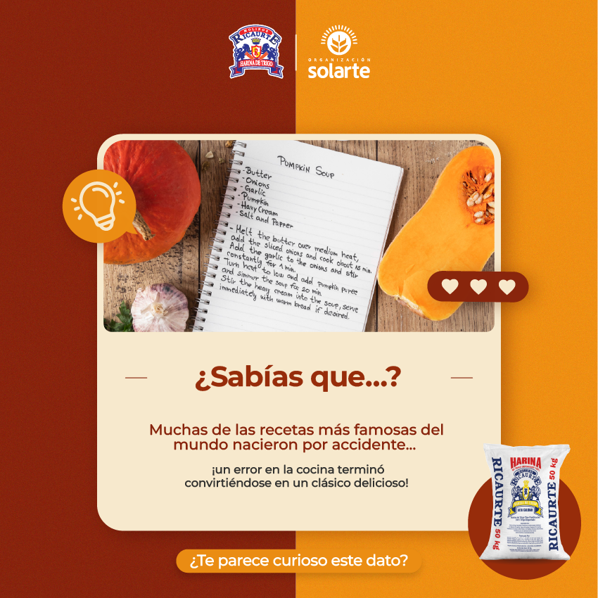 OrgSolarte's tweet photo. ✨ Dato curioso del día ✨
Algunas de las recetas más famosas del mundo nacieron por accidente… ¡y hoy son verdaderos clásicos! 🍰🍞

Porque en la cocina también se vale equivocarse, crear y sorprenderse 🥰👩‍🍳👨‍🍳
Cuéntanos 👉 ¿alguna vez inventaste una receta sin querer? 💬✨ https://t.co/BroCns0Wq4