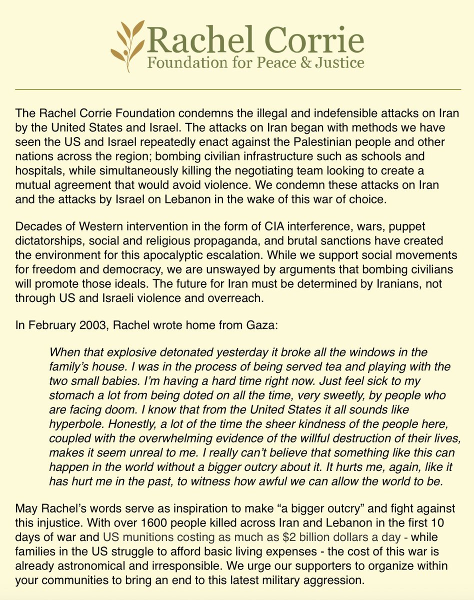 👏 <a href="/rcfoundation/">Rachel Corrie Foundation</a> 

"The Rachel Corrie Foundation condemns the illegal and indefensible attacks on Iran by the United States and Israel. The attacks on Iran began with methods we have seen the US and Israel repeatedly enact against the Palestinian people"
