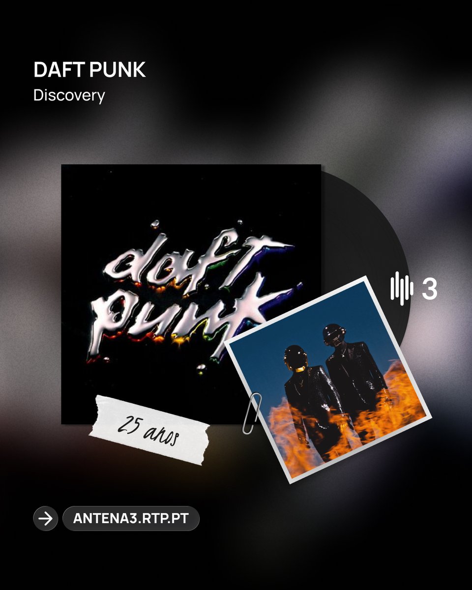 antena3rtp's tweet image. 25 anos de um dos nossos álbuns preferidos de sempre. Em 2001, os Daft Punk lançaram #Discovery. 

🎧 Conhece a história e o impacto dos Daft Punk, do que veio antes e depois de "Discovery" em Logo Se Vê Bits, com Inês Henriques, a melhor professora da Antena 3.