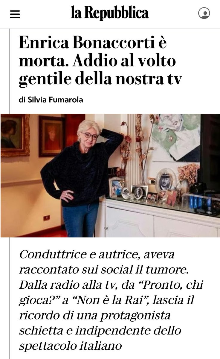 DRONE_RUSSO's tweet photo. ⚫️⚫️É MORTA A 76 ANNI ENRICA BONACCORTI, ANCHE LEI MALATA "DA TEMPO"... STESSO TUMORE DI ELEONORA GIORGI... FUNZIONA ALLA GRANDE!!! 💉☠️
#maloreimprovviso #nessunacorrelazione #turbotumore #funzionicchia #Draghistan #nogreenpass https://t.co/rnCnTCk3By