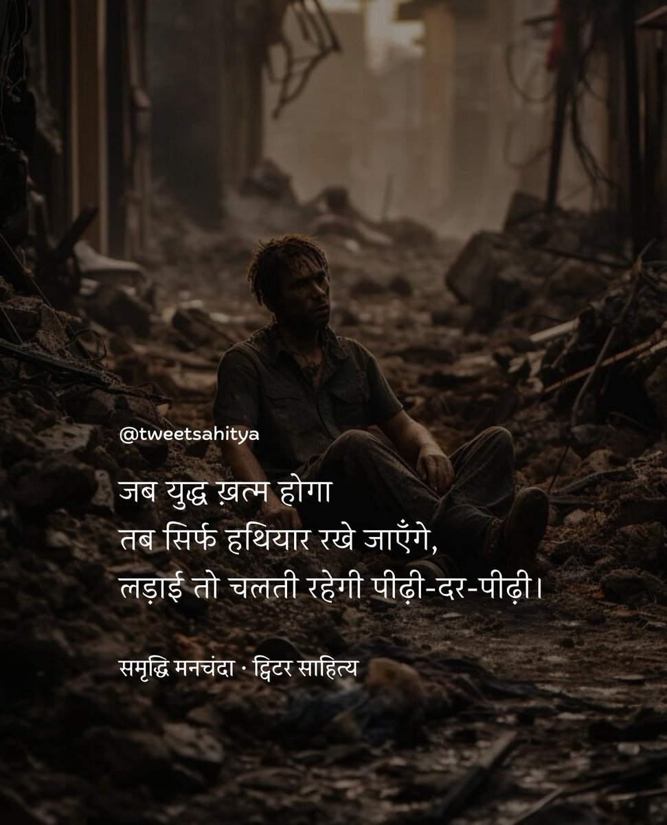 जब युद्ध ख़त्म होगा
तब सिर्फ हथियार रखे जाएँगे‚
लड़ाई तो चलती रहेगी पीढ़ी-दर-पीढ़ी।

—• समृद्धि मनचंदा