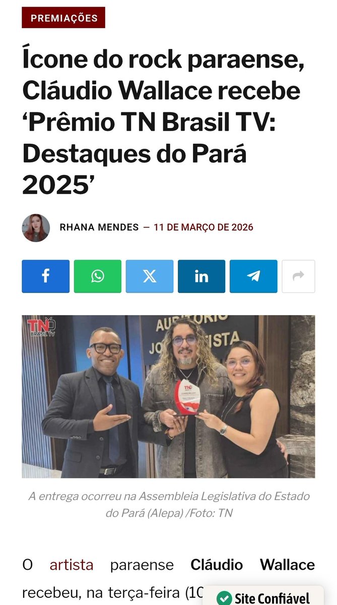 ClaudioWallaceP's tweet photo. Obrigado a TN Brasil TV pelo Prêmio "TN BRASIL TV: Destaques Do Pará 2025" que recebi na ALEPA - ASSEMBLÉIA LEGISLATIVA DO ESTADO DO PARÁ, no dia 10 de março de 2026.
Eu e Debora Borba agradecemos o reconhecimento em prol de todo o trabalho desenvolvido. 
#rockbrasileiro https://t.co/4M2DiFOMUU