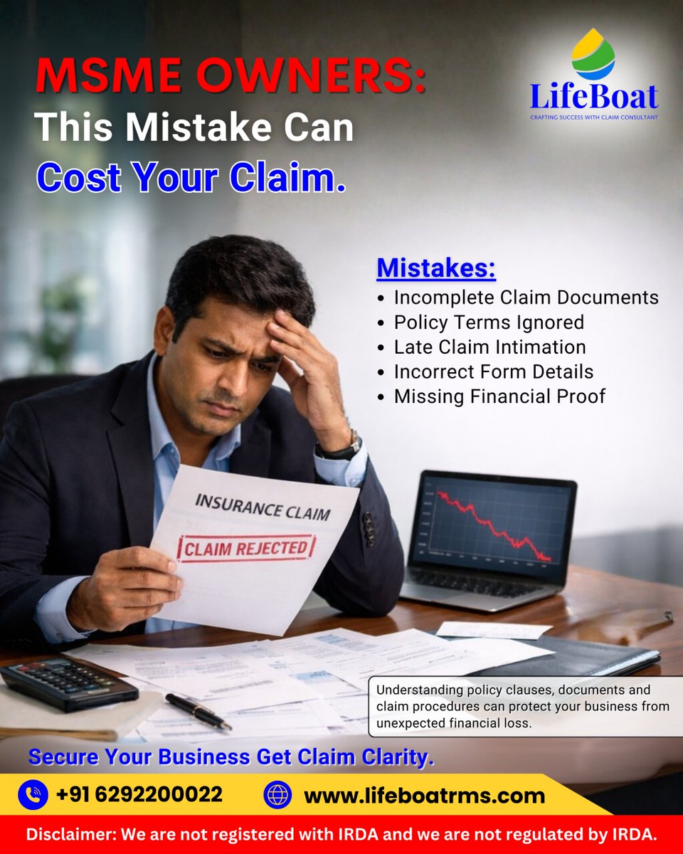 lifeboatrms's tweet image. MSME owners often realize this too late.
Most business claims don’t fail because of the loss — they fail because of small technical mistakes in documents.

⚠️ Disclaimer: We are not registered with IRDA and are not regulated by IRDA.

#InsuranceTips #ClaimDelay #PolicyCheck