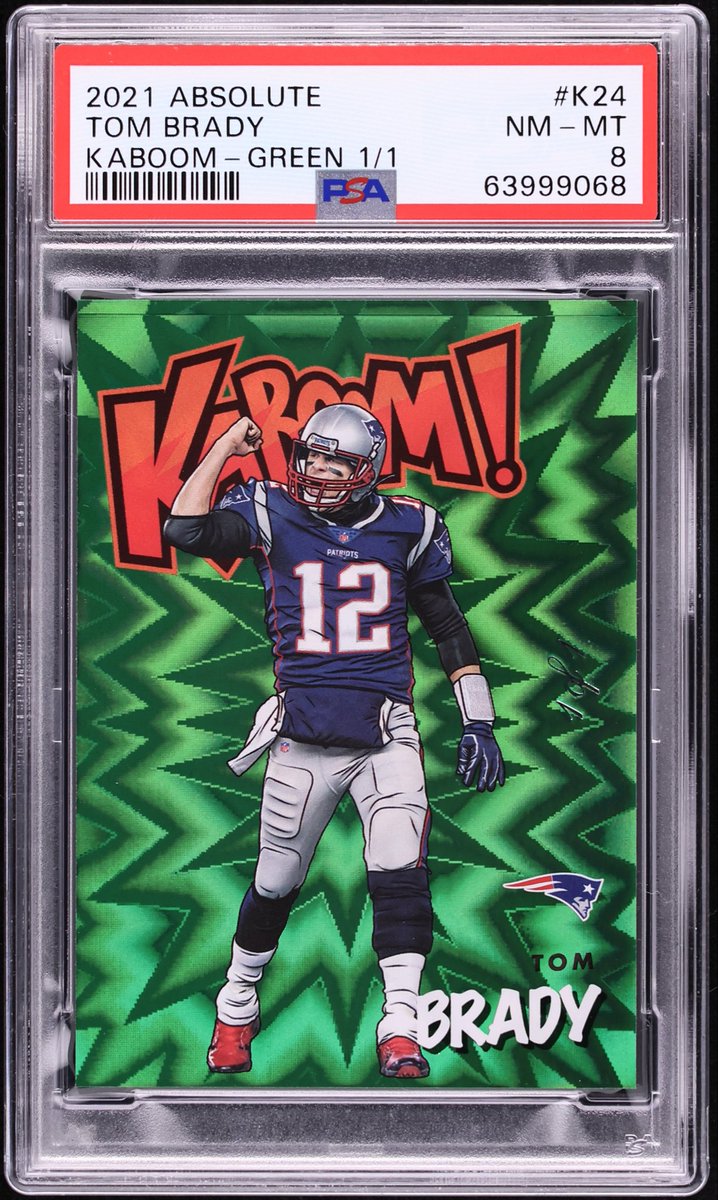 CheckerVault's tweet photo. 2021 Panini Father’s Day Black Kaboom 1/1
• Last Sale Price: $1,700
• License: Collegiate
• Uniform: Michigan
• Kaboom Refractor Type: Small Explosions

2021 Panini Absolute Green Kaboom 1/1
• Last Sale Price: $660,000
• License: NFL
• Uniform: Patriots
• Kaboom Refractor Type: Large Explosions

The Panini Father’s Day Black Kaboom is Tom Brady’s only non-green 1/1 Kaboom refractor, his only Kaboom featuring the Small Explosions design, and the only Kaboom of him in a collegiate uniform instead of an NFL jersey. 

These distinctions make it truly one of a kind, and many of the Kaboom and Explosion refractors in the 2021 Panini Father’s Day set follow this same narrative and deserve a closer look.

This is especially true for collectors seeking something unique with attributes similar to or arguably better than cards that have sold for hundreds of thousands, yet available at less than 1% of the price.