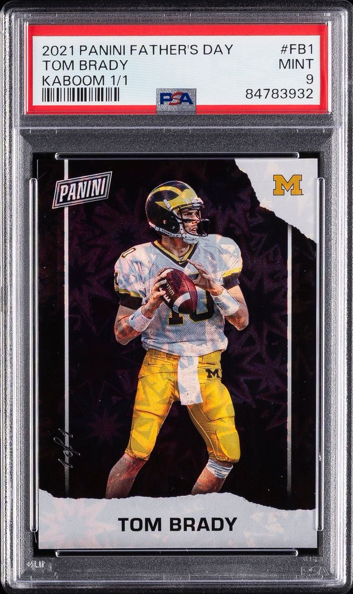 CheckerVault's tweet photo. 2021 Panini Father’s Day Black Kaboom 1/1
• Last Sale Price: $1,700
• License: Collegiate
• Uniform: Michigan
• Kaboom Refractor Type: Small Explosions

2021 Panini Absolute Green Kaboom 1/1
• Last Sale Price: $660,000
• License: NFL
• Uniform: Patriots
• Kaboom Refractor Type: Large Explosions

The Panini Father’s Day Black Kaboom is Tom Brady’s only non-green 1/1 Kaboom refractor, his only Kaboom featuring the Small Explosions design, and the only Kaboom of him in a collegiate uniform instead of an NFL jersey. 

These distinctions make it truly one of a kind, and many of the Kaboom and Explosion refractors in the 2021 Panini Father’s Day set follow this same narrative and deserve a closer look.

This is especially true for collectors seeking something unique with attributes similar to or arguably better than cards that have sold for hundreds of thousands, yet available at less than 1% of the price.