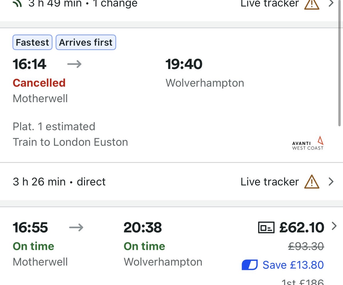 KrayCapper's tweet photo. @AvantiWestCoast My train is cancelled. I use my first class ticket on the 16:55 train? Thanks https://t.co/Rn7WpMv8n8