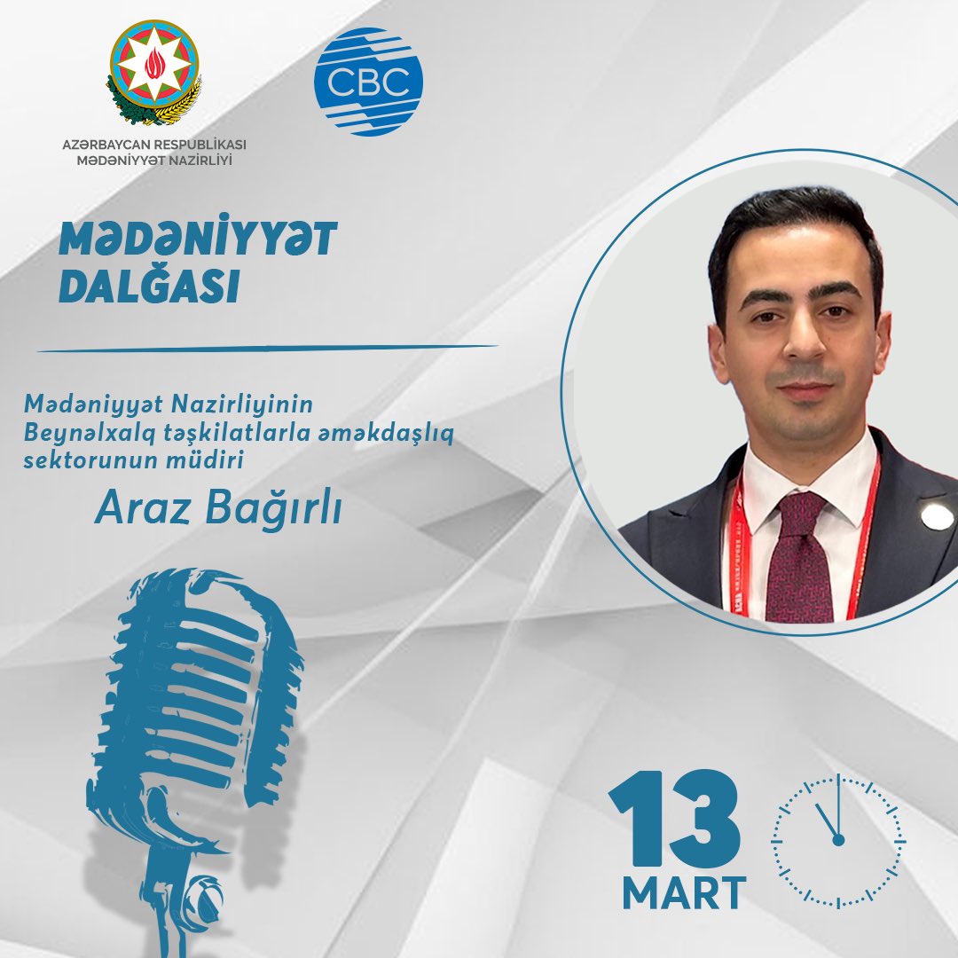 culture_gov_az's tweet photo. “Mədəniyyət Dalğası” layihəsinin növbəti qonağı Mədəniyyət Nazirliyinin Beynəlxalq təşkilatlarla əməkdaşlıq sektorunun müdiri Araz Bağırlıdır.
#Azərbaycan #MədəniyyətNazirliyi #CBCFM #mədəniyyət #radio https://t.co/r2P9bb9TUl