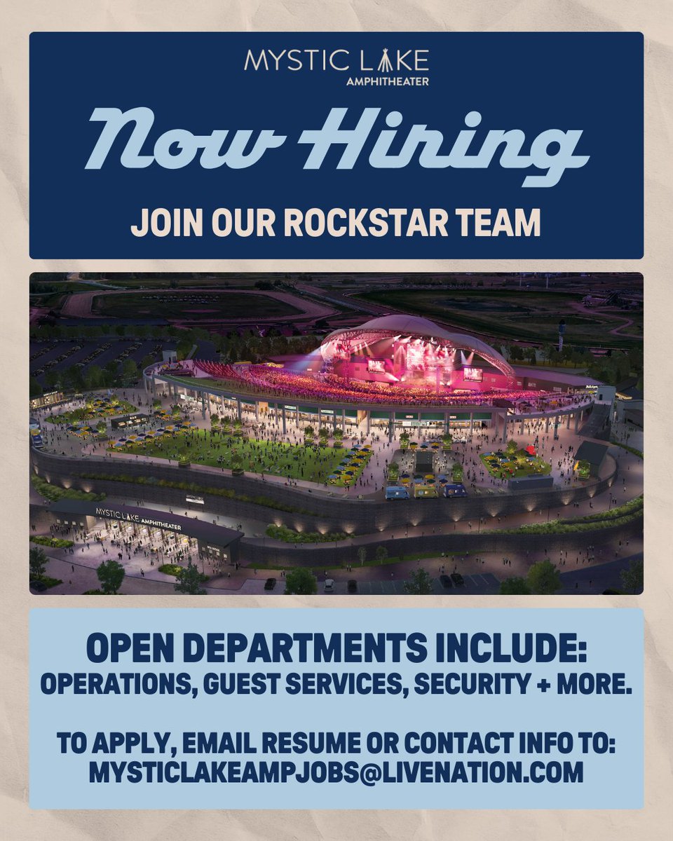 Love live music? Then we think you'd love working at Mystic Lake Amphitheater! If you agree, check out our open positions and apply today: bit.ly/46Xht4v