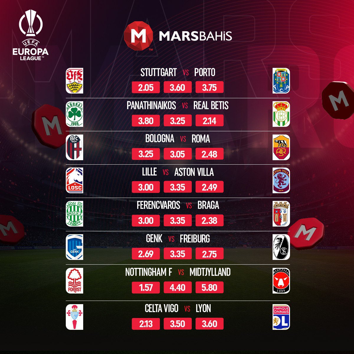 yolunubulanadam's tweet photo. ⚽ UEFA Avrupa Ligi gecesi!

Stuttgart 🆚 Porto
Panathinaikos 🆚 Real Betis
Bologna 🆚 Roma
Lille 🆚 Aston Villa
Ferencvaros 🆚 Braga
Genk 🆚 Freiburg
Nottingham F. 🆚 Midtjylland
Celta Vigo 🆚 Lyon

🔥 Canlı oranlar Marsbahis’te

🔗 https://t.co/lhLquxO4GY

Günün maçlarını kaçırma!
#marsbahis #uefaleague #futbol