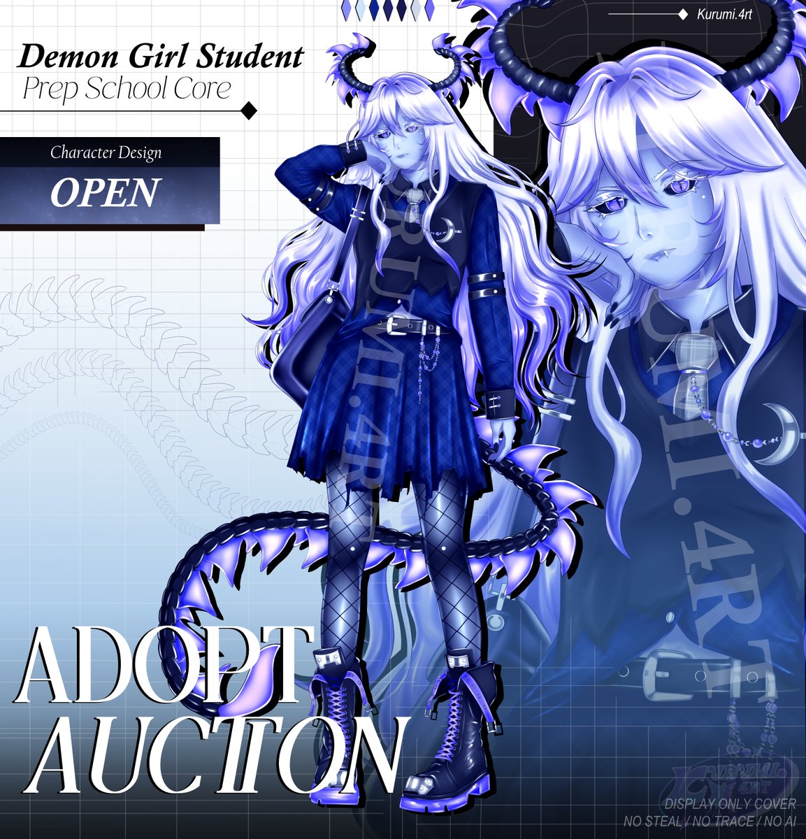 Demon Girl Student Adoptable.
Hello! I had this brush for tail, and so wanted to try it with a pretty girl~💙
Missing color blue on my feed, drawing a good electric one for this one! 
SB: $25 usd/euros / toyhou.se/38209006.opend…
 #adoptable #oc #characterdesign