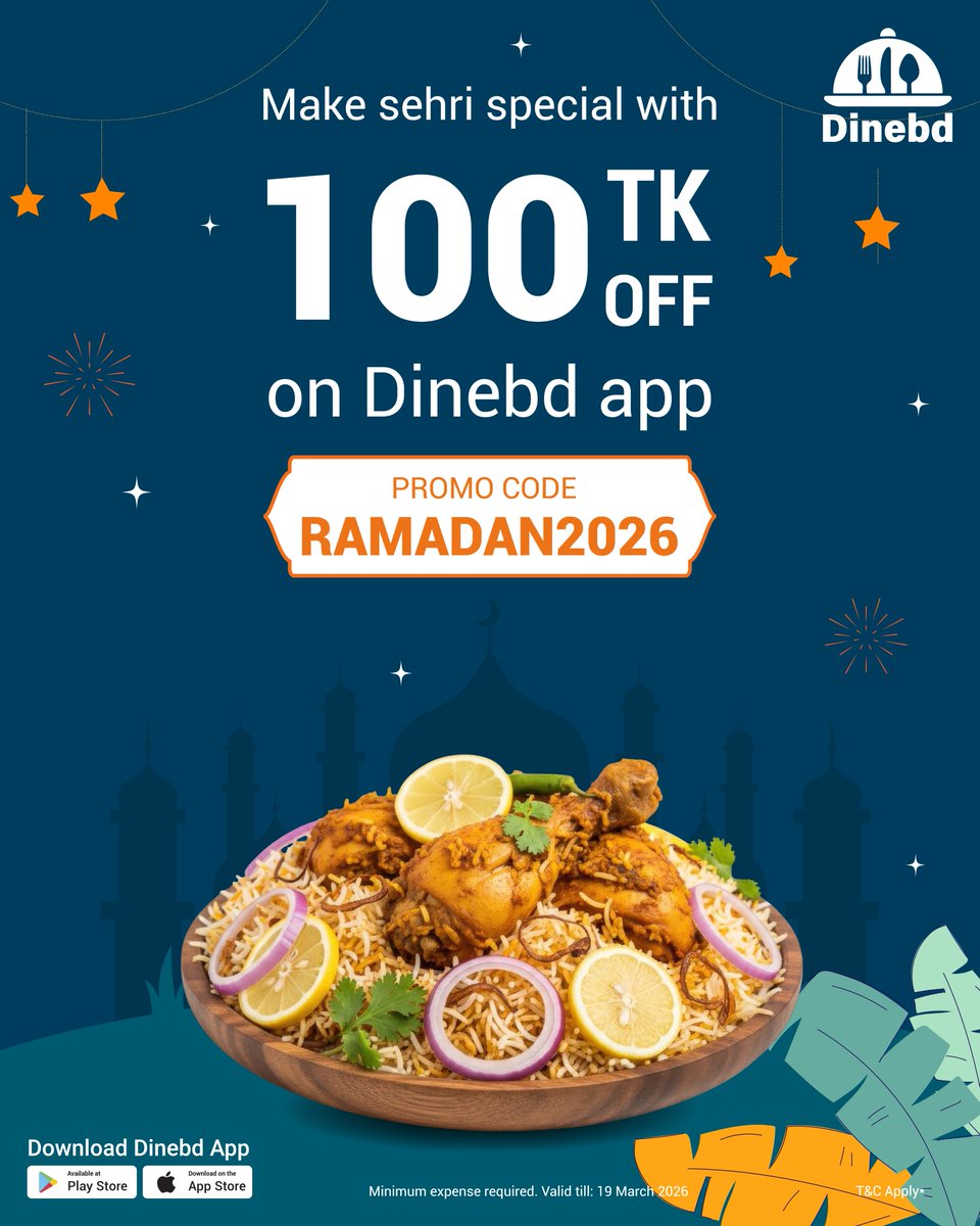 Dinebd_official's tweet image. Make your Sehri special with fresh, hot meals and get 100 Tk off on your order. Simply order through the Dinebd app and enjoy delicious food.

Play Store Link: play.google.com/store/apps/det…

App Store Link: apps.apple.com/gb/app/dinebd/…

#dinebd #dhaka #FoodAtYourFingertips