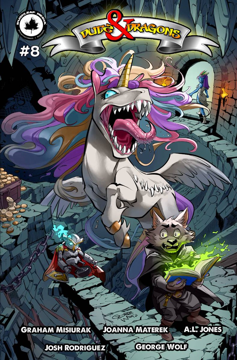 DuskleafMedia's tweet photo. 🐉 Duds &amp; Dragons 8 – New Cover Drop!

This stunning cover was illustrated by the insanely talent George Wolf! 🤩

Story by Graham Misiurak
Interior art by Joanna Materek
Colors by Josh Rodriguez
Letters &amp; Cover Colors by A.L. Jones

#ComicBooks #IndieComics #fantasyart https://t.co/GxffpqoFdX