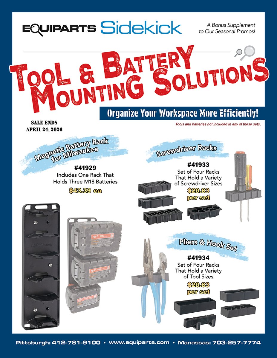 🔧 The Sidekick Sale is here!
Save on #StealthMounts tool &amp; battery mounts for Milwaukee, plus racks for screwdrivers, hooks, and pliers. Perfect for organizing workshops, maintenance rooms, and work vehicles.
Ends April 24.
👉 library.equiparts.com/books/Stealth-…