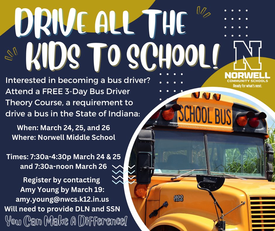 LCESBobcats's tweet photo. 🚌Bus Driver initial and required training will be offered at Norwell Middle School March 24-26.  Norwell is looking for  additional drivers and/or sub drivers--if you're interested in driving, consider attending this training! 🚌 https://t.co/nmsdODcV7v