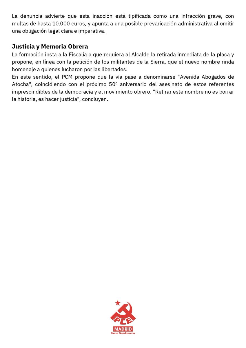 Hemos denunciado ante la Fiscalía al Ayuntamiento de Becerril de la Sierra por mantener la “Avenida de José Antonio”.
Mantener símbolos del franquismo en el espacio público incumple la Ley de Memoria Democrática y es una falta de respeto a las víctimas.
Ni olvido ni impunidad.