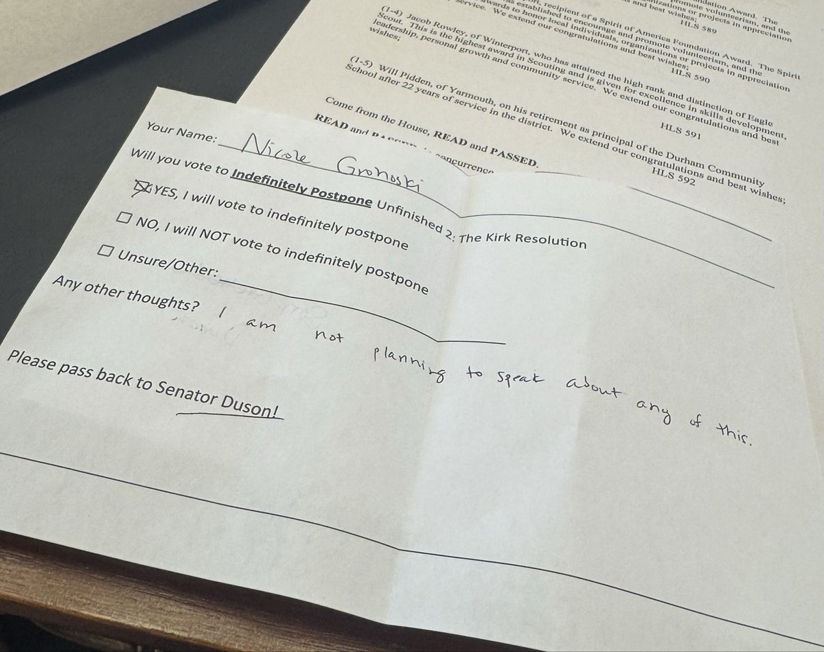 MattAHarrington's tweet photo. If anyone wants to know how Augusta operates. Here it is, with a democrat chamber mail miss drop. Here we have the democrat whip Jill Duson asking Sen. Grohoski to kill a harmless resolution honoring the life of @charliekirk11 . This is simply a recognition of his life. https://t.co/PIuvvXiA85