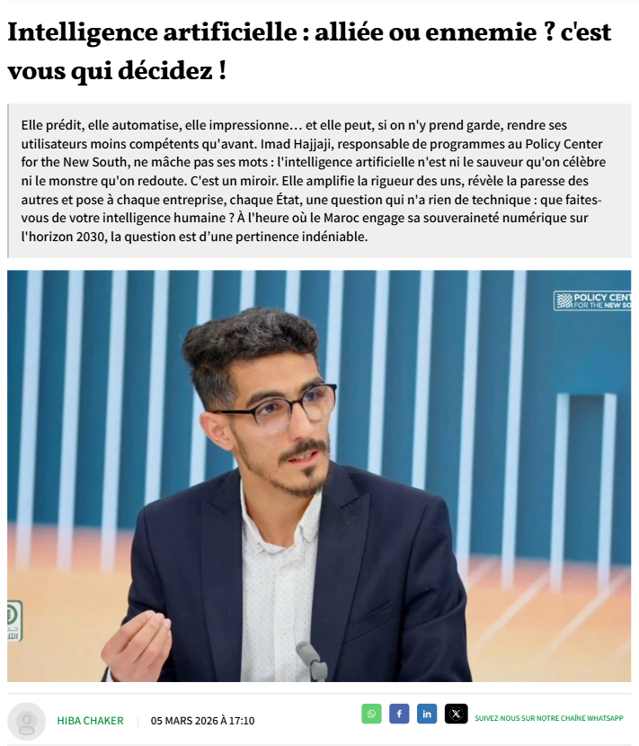 PolicyCenterNS's tweet photo. 🗞️ #INTHEPRESS
✍️ Notre expert, @imadhajjaji1, souligne que:
« L’#IA ne remplacera pas l’humain. Elle remplacera l’humain qui ne l’utilise pas, ou qui l’utilise mal. »
📰 Dans un article revenant sur son intervention dans notre émission « #MARDIPCNS », @lematinpointma met en lumière les opportunités et les risques liés à l’IA, ainsi que les enjeux de souveraineté numérique pour le #Maroc à l’horizon 2030.
🔗 Lire l’article complet: https://t.co/bVo3jwl50P
📺 Regarder ici: https://t.co/zJTPfrd0CO