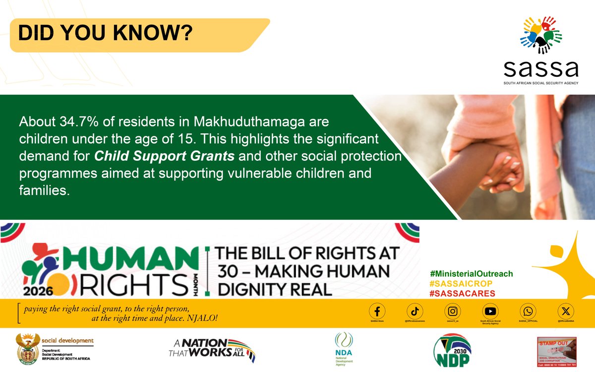 OfficialSASSA's tweet photo. Minister of Social Development, Ms Sisisi Tolashe, touches down in Mamone, Limpopo tomorrow to lead an impactful Ministerial Outreach Programme aimed at bringing social security services closer to the people.

Did you know that in Makhuduthamaga Local Municipality, more than 169,000 social grants are paid every month, injecting over R169 million into the local economy?

The grants are distributed as follows:
• 121,083 Child Support grants supporting children
• 33,608 Older Persons grants assisting senior citizens
• 6,756 Disability grants supporting persons living with disabilities
• 4,918 Grant-in-Aid beneficiaries receiving additional care support
• 1,409 Foster Child grants supporting children in foster care

#SASSACARES #SASSAICROP #DSDPortfolioAtWork #HumanRightsMonth