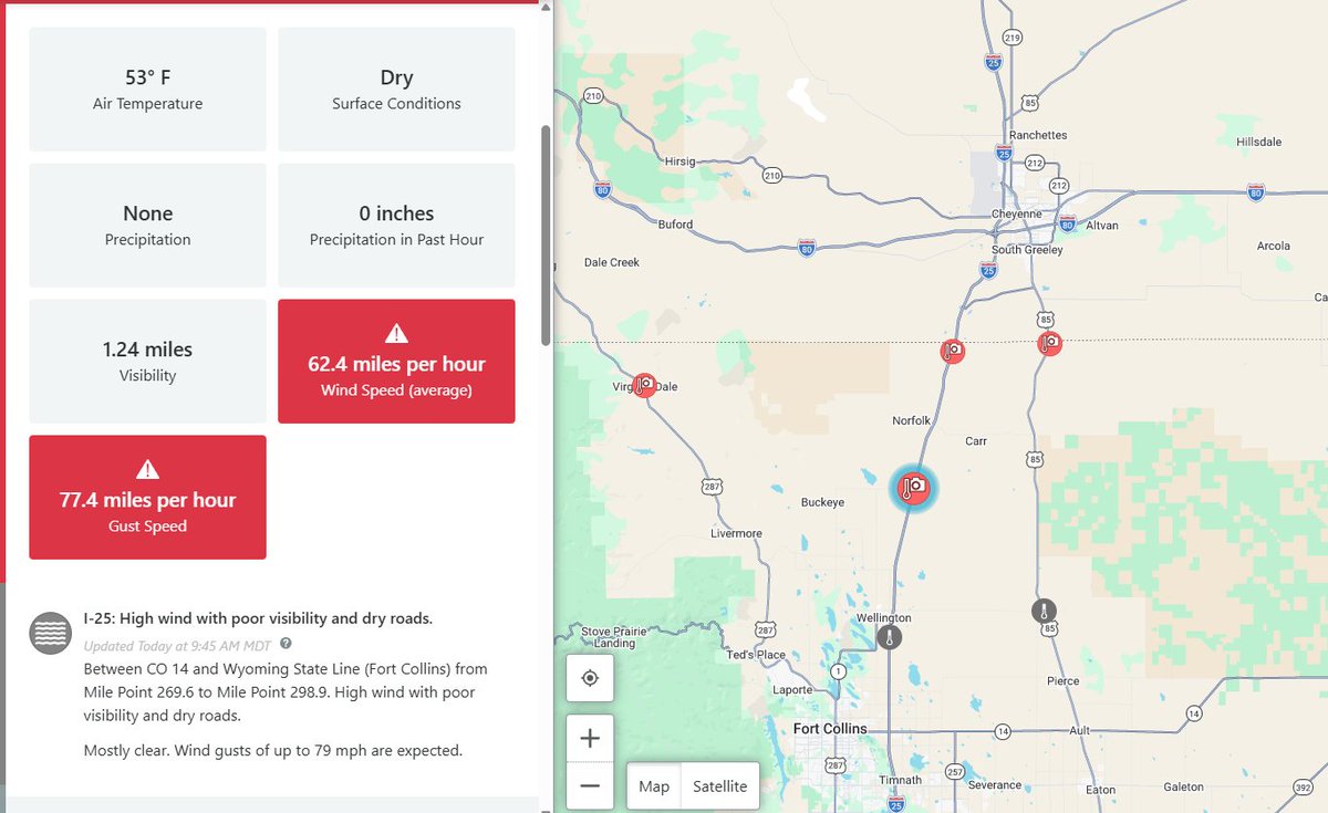 Denver7Traffic's tweet photo. Blow over type winds right now both in Golden/Morrison and up north, north of Wellington into Wyoming. New high gust I've seen, 88 MPH. https://t.co/TlnIWElhpq
