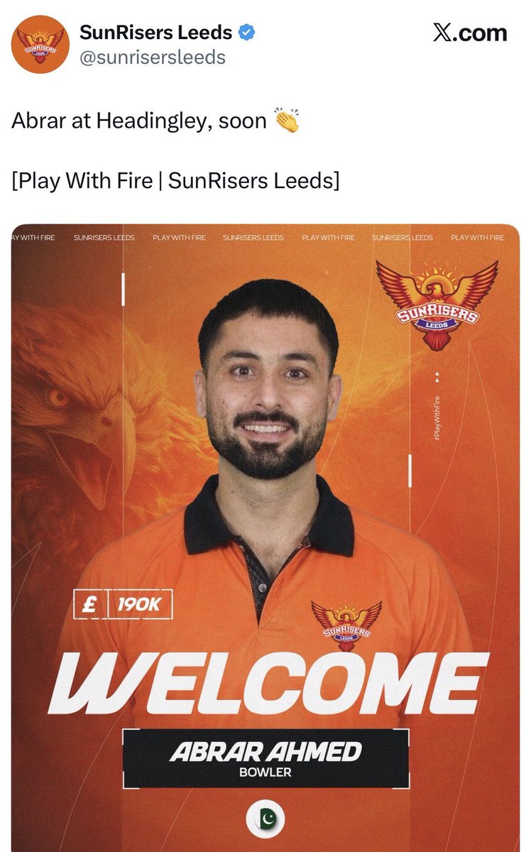 pallavict's tweet photo. Shameful 

SunRisers Leeds buys Pakistani player who MOCKS Bharat, our armed forces, our captured Wing Commander Abhinandan & Operation Sindoor 😡😡

It’s owned by Sun Group of India 

Kalanithi Maran and his daughter Kavya Maran are owners of this franchise 

Maran is related to DMK’s Stalin family

Anti-nationals kahi ke 🤨🤨