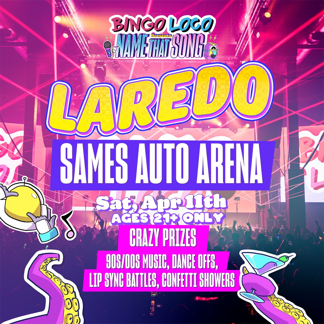 LaredoArena's tweet photo. 🎉 LESS THAN A MONTH LEFT! 🎶

The world-famous Bingo Loco - Name That Song is taking over Sames Auto Arena on Saturday, April 11! 🔥

🎟 Tickets on sale now – grab yours before it sells out!
🔞 21+ only https://t.co/as2hkm11GO