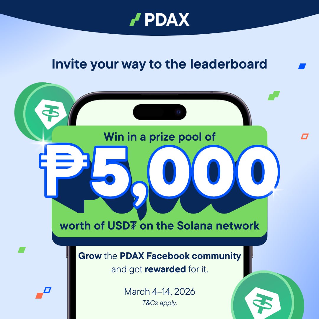 calev1234's tweet photo. Another chance to earn in crypto! 💰

Invite friends, grow the PDAX Facebook community, and climb the leaderboard for a shot at the ₱5,000 USDT reward pool.

March 4-14, 2026
Minimum of 10 invites to qualify https://t.co/cOyaOP5SYF