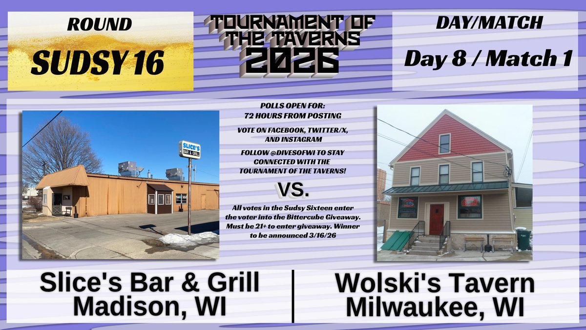 DivesOfWI's tweet photo. 🚨Tournament of the Taverns: Sudsy Sixteen, LET'S GO! 🚨

Day 8⃣ / Match 1️⃣

Slice's Bar &amp; Grill (Madison)
v.
Wolski's Tavern (Milwaukee)

📝Vote in the poll below⬇️: 1 VOTE
🔄Quote Tweet this post (must name your favorite in the QT): 3 VOTES https://t.co/hYoomgtURl
