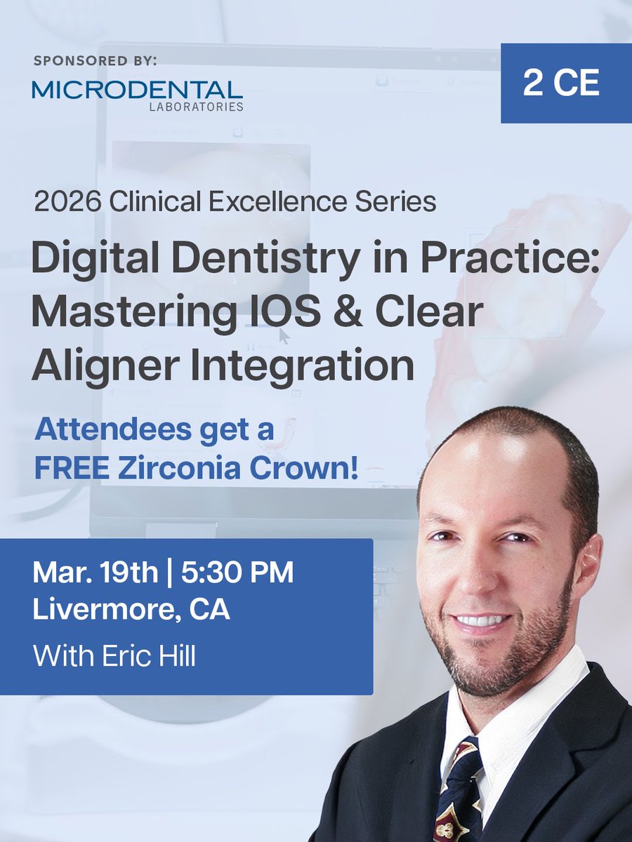 MicroDental's tweet image. Our FREE in-person digital dentistry CE event is almost here. Join us and get a complimentary zirconia crown!
🗓️ March 19 | 5:30–8:30 PM PDT
📍 Livermore, CA | 2 CE | Food &amp;amp; Refreshments Included
na2.hubs.ly/H04cM7Q0

#FreeDentalCE #DigitalDentistry #MicroDental #DentalCE