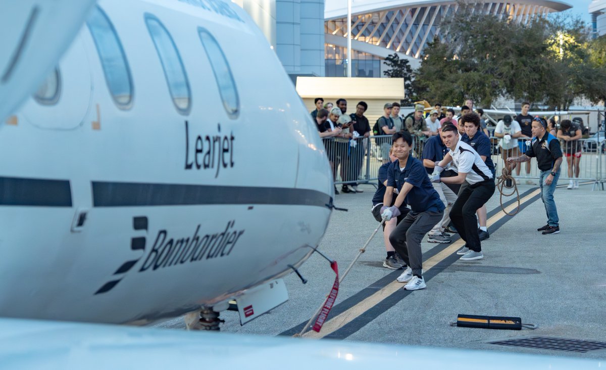 ERAU_Daytona's tweet photo. Eagles showed up strong for Aviation Week's Costas Sivyllis Memorial Plane Pull, honoring a beloved Eagle's legacy at @EmbryRiddle. 

Congrats to the men's track and field team for taking first place with a 5.56-second pull! 🎉

#GoERAU #AviationWeek https://t.co/Yt1Kc9niHo