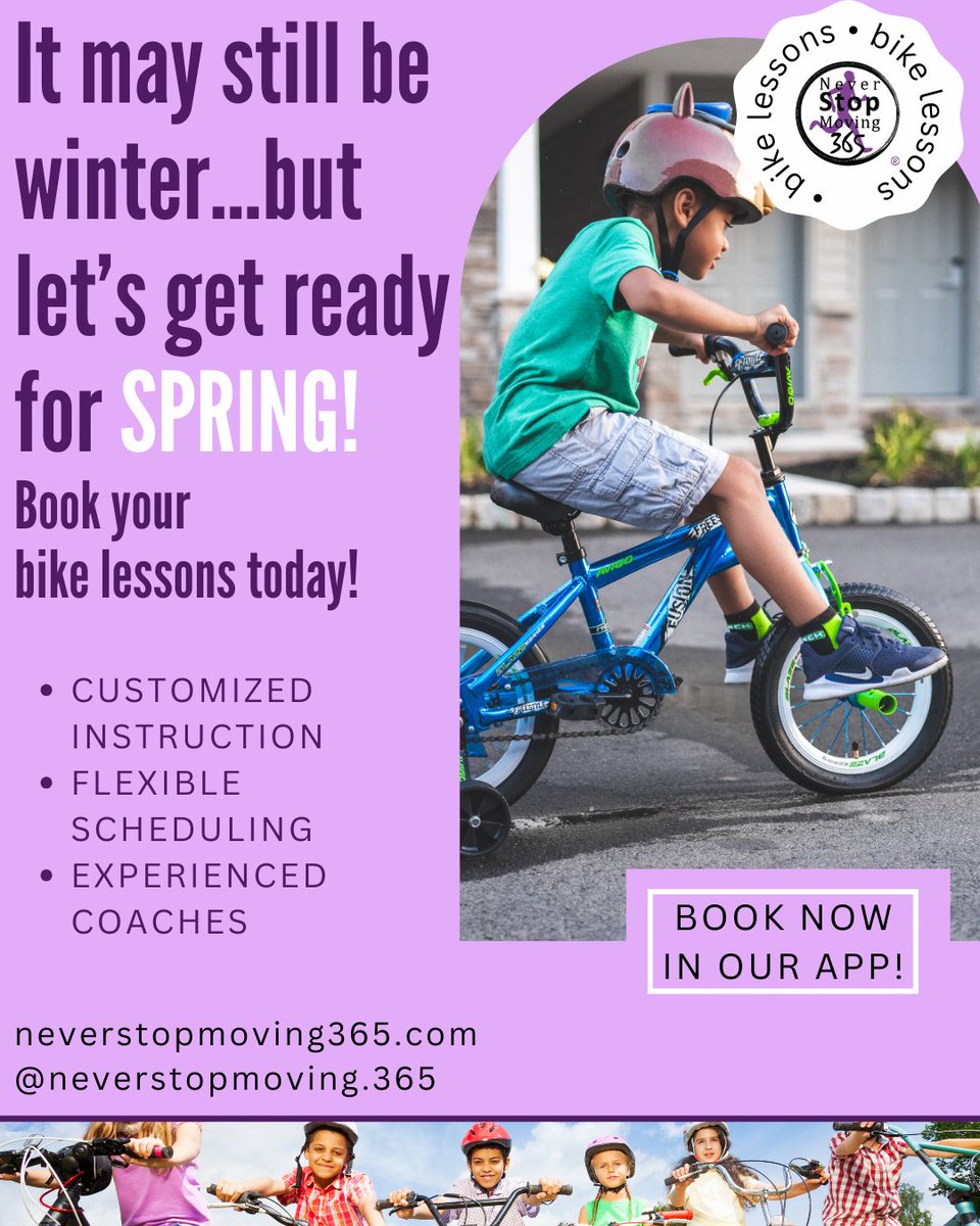 NSM_365_'s tweet photo. Spring riding starts with winter planning 🚲🌸

Our customized bike lessons help kids build confidence, balance, and independence - all with flexible scheduling and experienced coaches who make learning fun. https://t.co/5nb62VIG6v