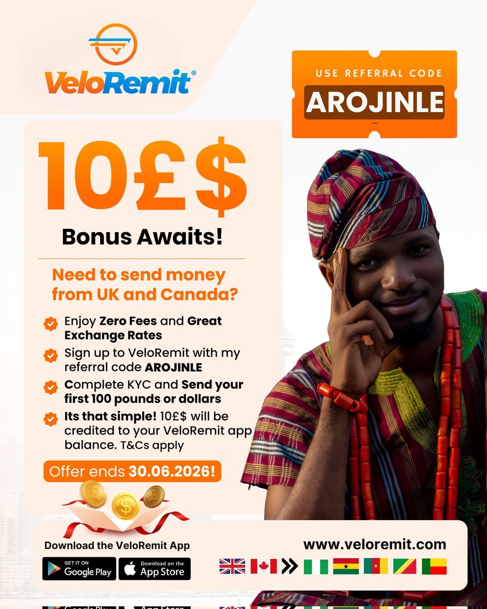 Help that bro/sis that's helping you by sending you money from UK or Canada. Inform them about <a href="/veloremit/">VeloRemit</a>, a platform that will grant them zero transfer fees and £10/$10 cashback when they sign up using my referral code AROJINLE. As soon as they send the first £100/$100, they get