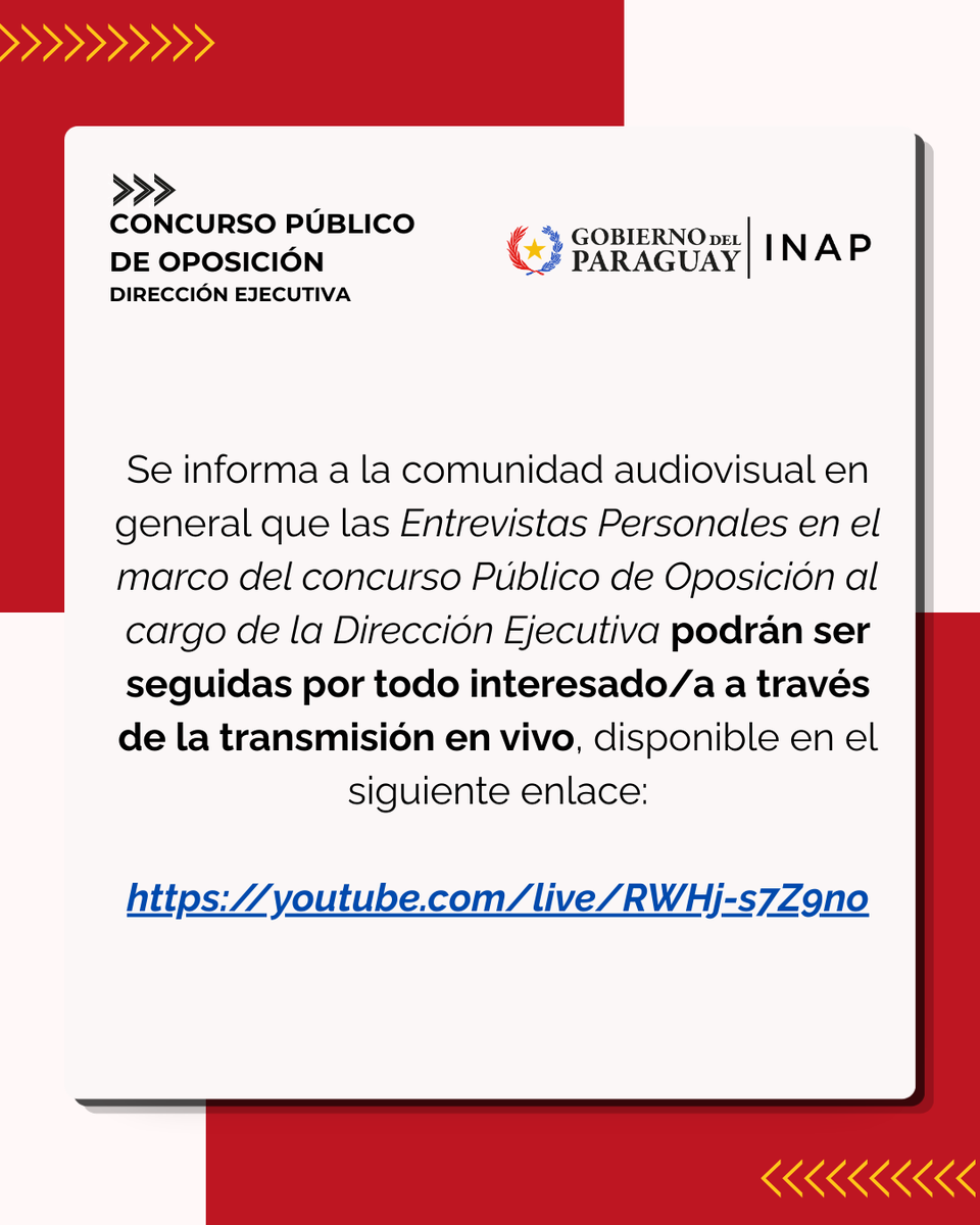 Inap_py's tweet photo. Las entrevistas personales del Concurso Público de Oposición para el cargo de Dirección Ejecutiva del INAP serán transmitidas en vivo.

🔗 https://t.co/sX889RIHIa

#INAP #AudiovisualPY #Transparencia #ConcursoPublico https://t.co/qlYEaOvtEV