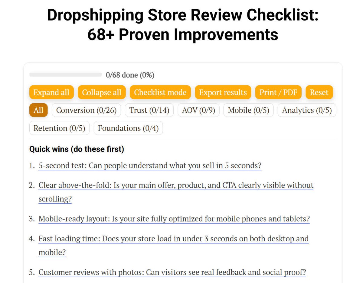Do_Dropshipping's tweet image. Getting traffic but not enough sales?

This dropshipping store review checklist covers 68+ proven improvements to help you spot trust issues, fix weak product pages, and increase conversions. Check out the link in the first comment 🙌

#dropshipping #OnlineStore #ecommerce
