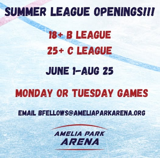 We have a couple openings for our summer leagues!!
If interested reach out to BFellows@ameliaparkarena.org by April 1st